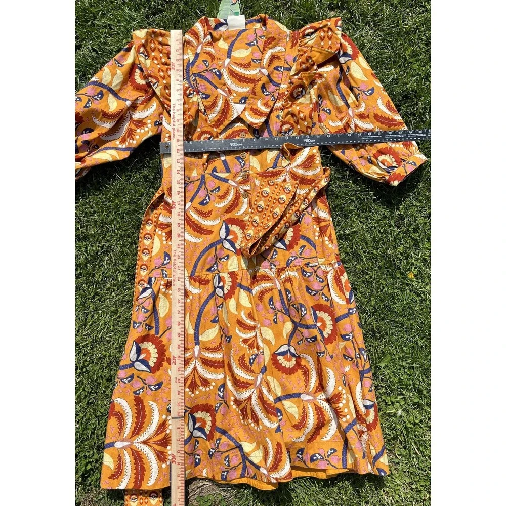 Farm Rio Shirt Dress Womens Small Yellow‎ Palms Party Midi Ruffle Belted Floral